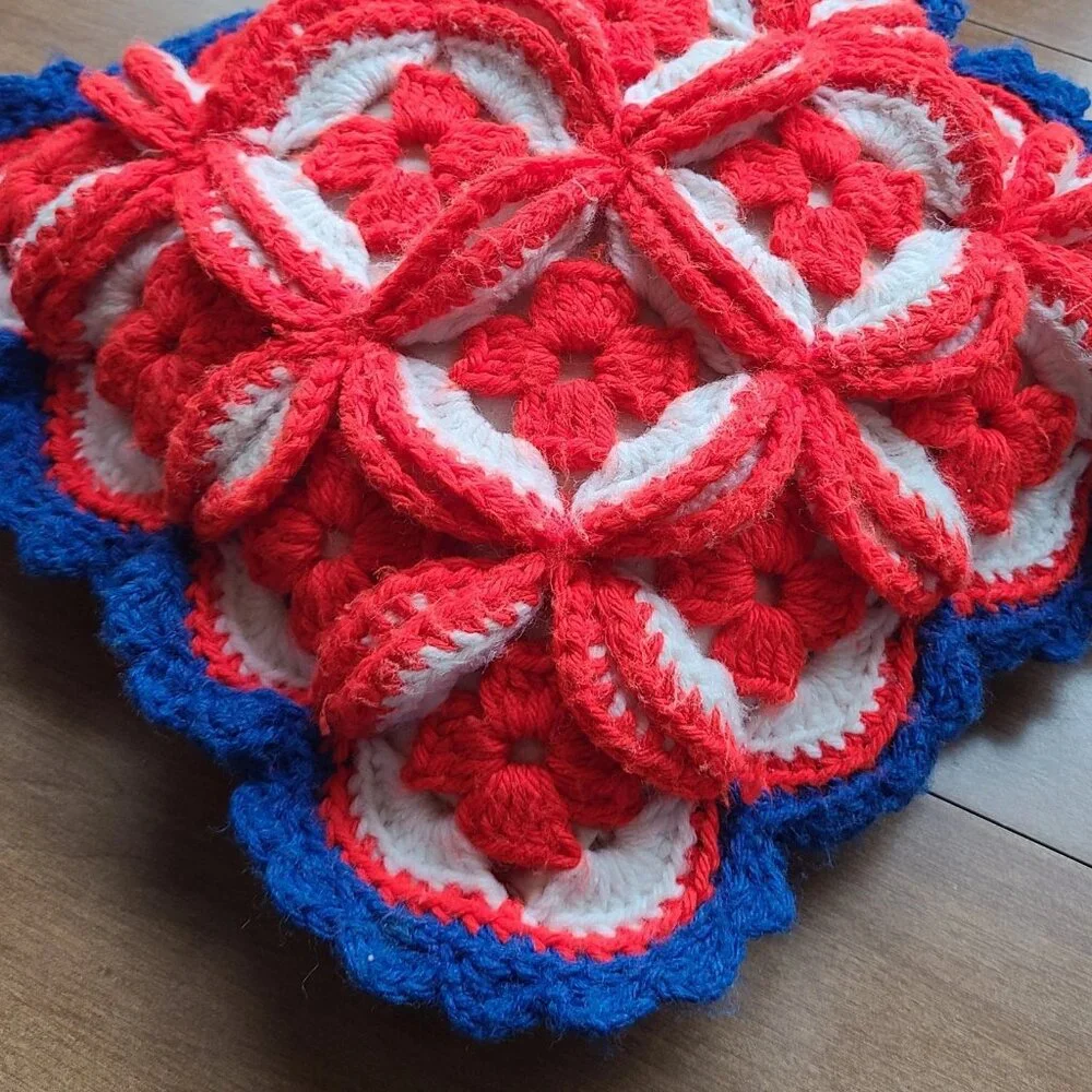 Vintage Crochet Granny Pillow Christmas Handmade